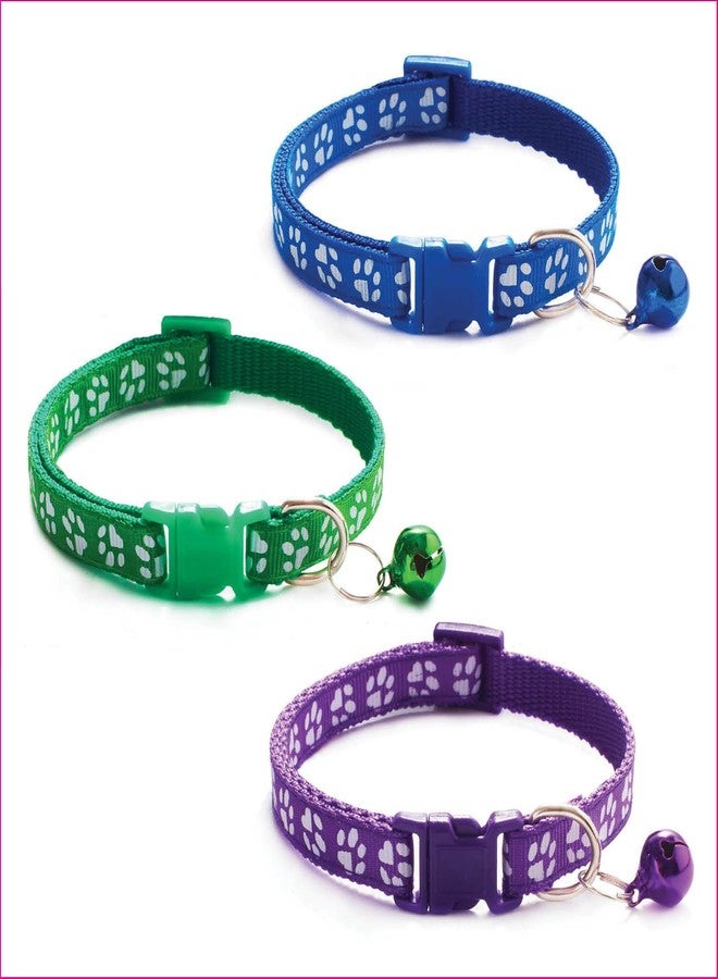 Litvibes Cat Collars Set Of 3 With Bell,Kitten & Small Dogs Soft Adjustable Collar Safe,Solid & Protection Breakaway For Cats & Puppies,Cute Kitty Neckband With Paw Print-(Purple,Dark Blue,Dark Green) - Image 1